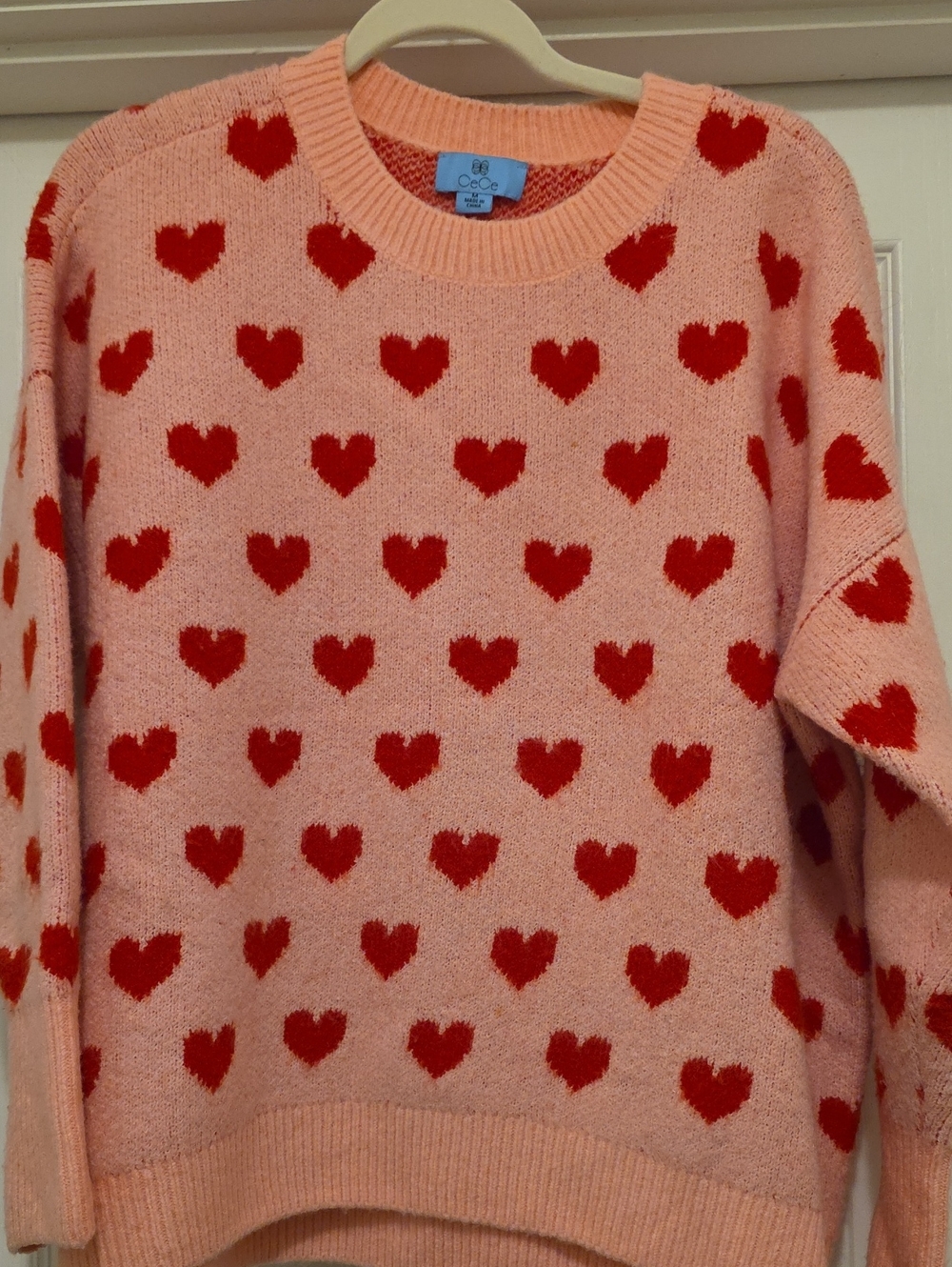 CeCe Pink Oversized Sweater with Red Heart Print